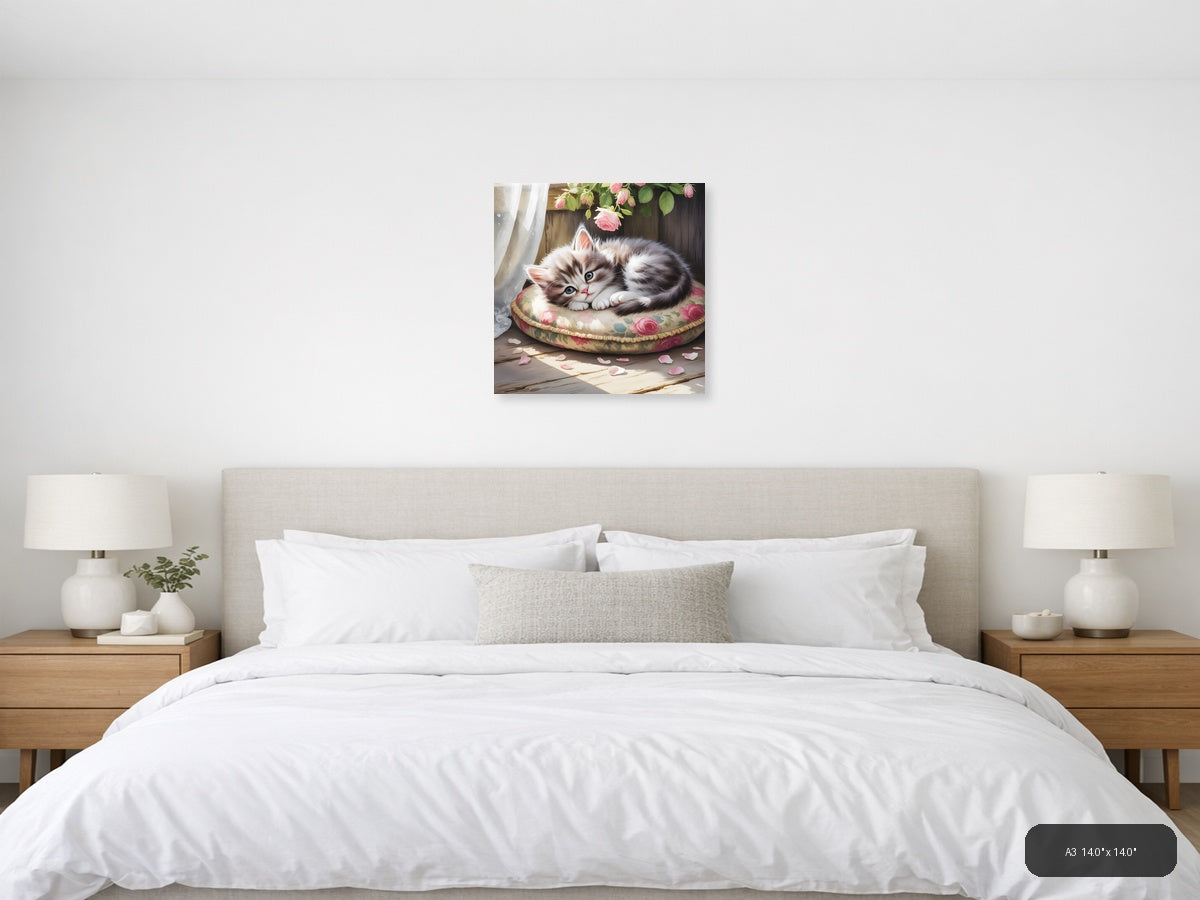 Fluffy Kitten on Floral Bed Watercolor Wall Art — A3 / Bedroom