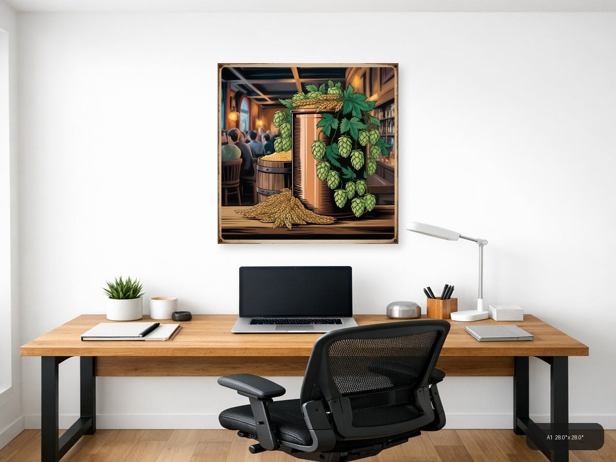 Vintage Brewery Scene with Hops & Barrel Wall Art — A1 / Office