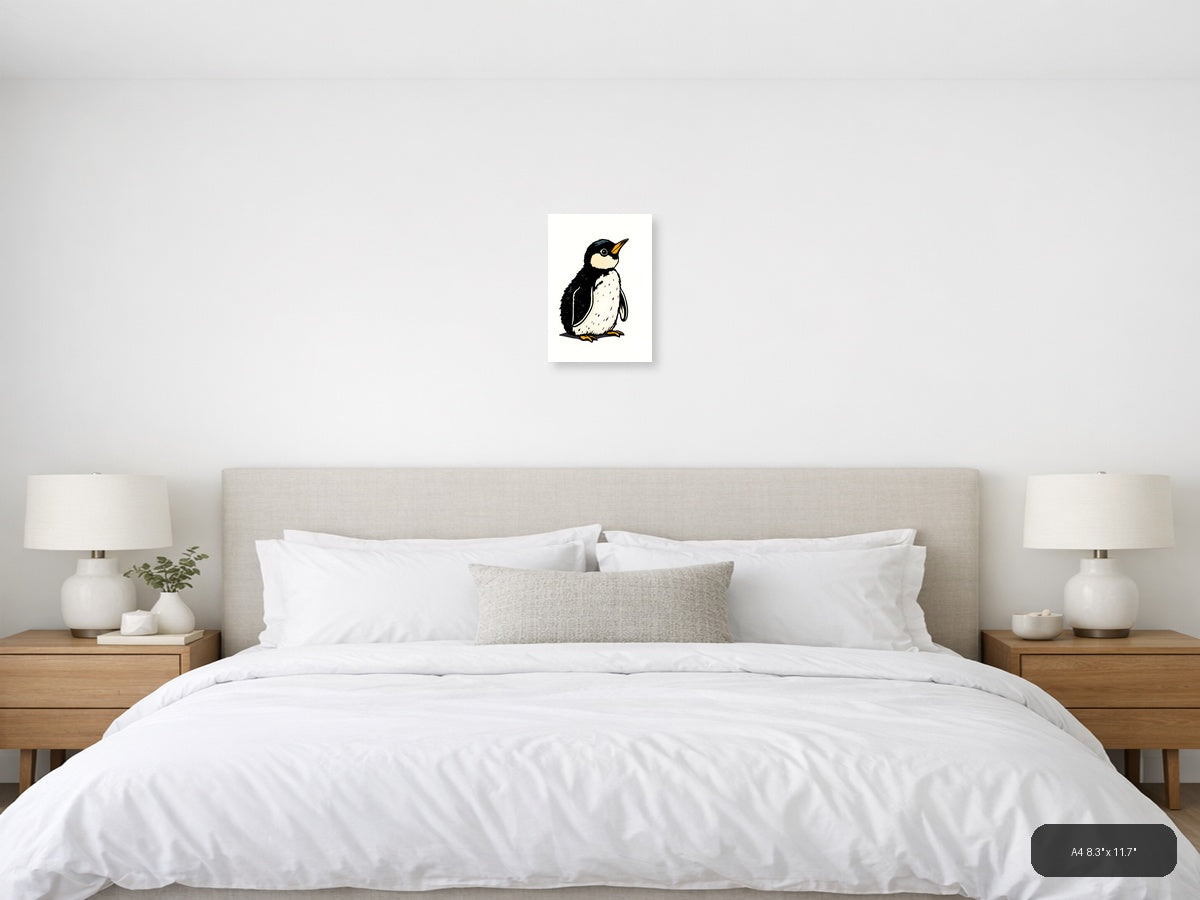Vintage Penguin Illustration Black White Wall Art — A4 / Bedroom