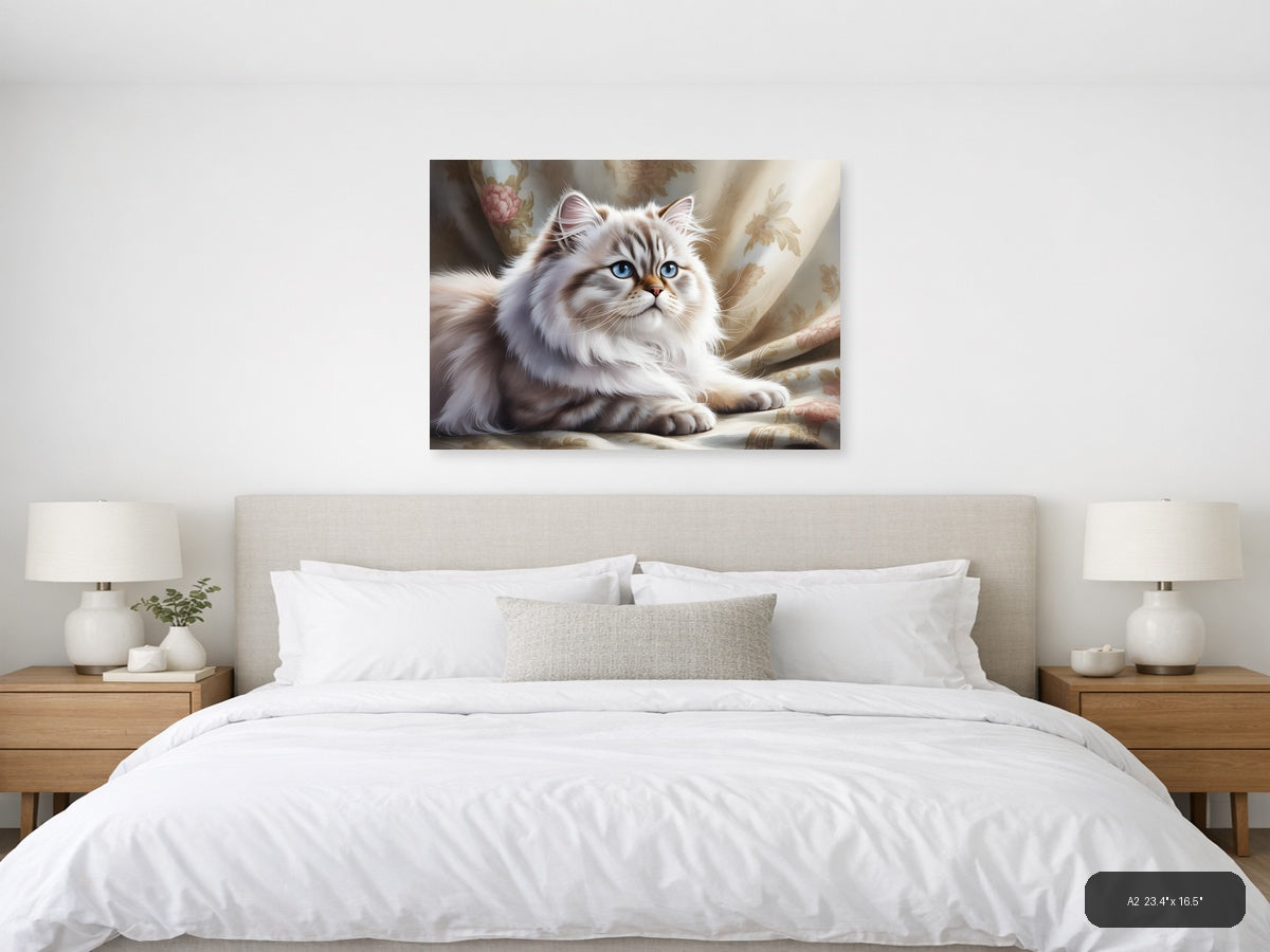 White Persian Cat with Blue Eyes Watercolor Wall Art — A2 / Bedroom