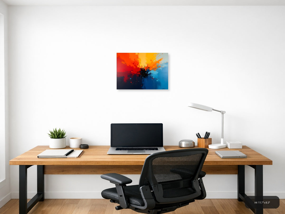 Abstract Explosion Blue Orange Red Splatter Wall Art — A4 / Office