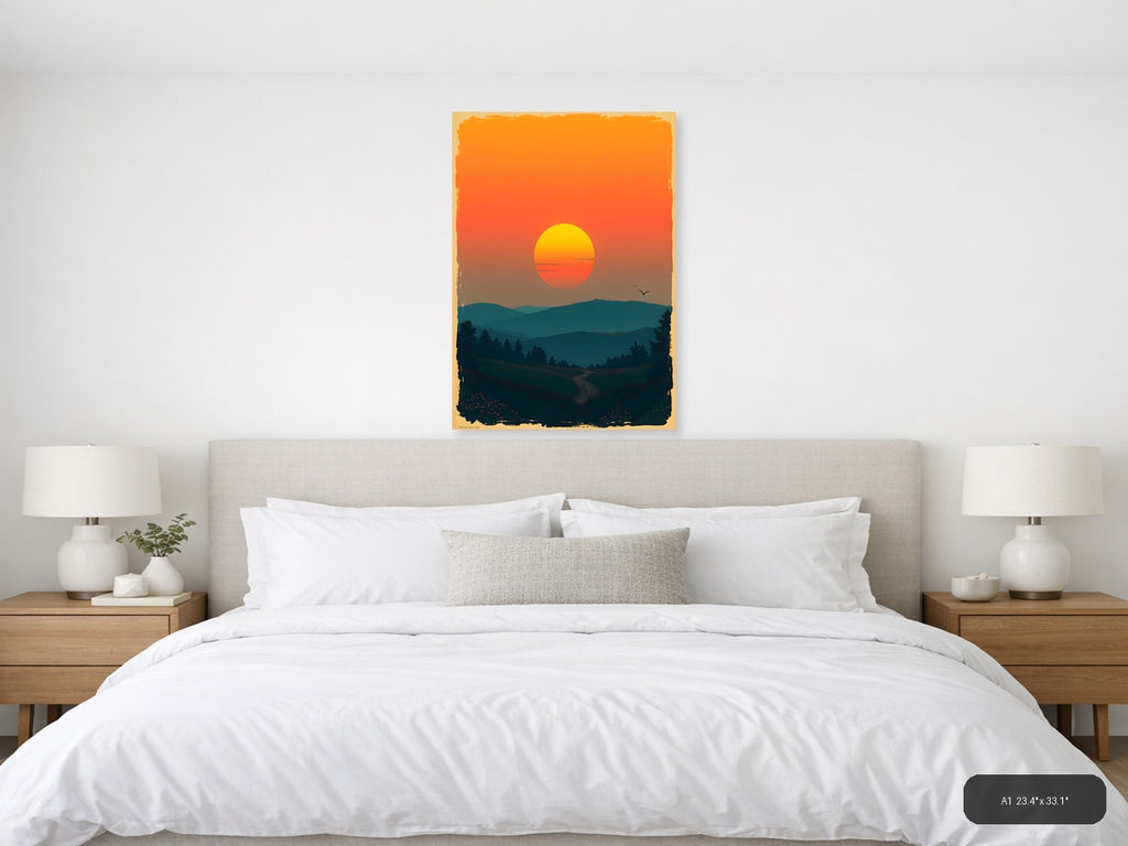 Vintage Sunset Mountain Road Landscape Wall Art — A1 / Bedroom