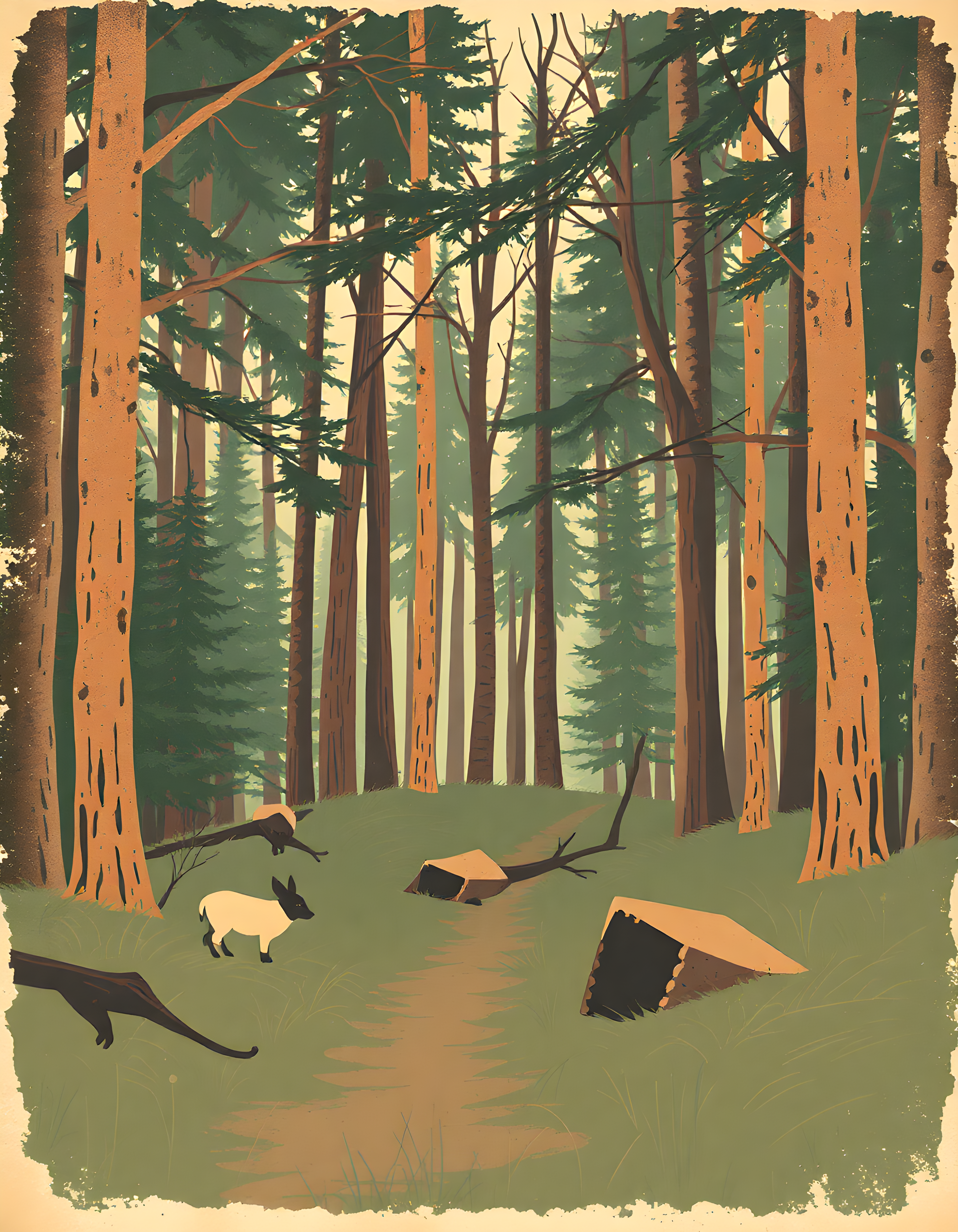 Vintage Forest Stream with Wildlife Illustration Wall Art