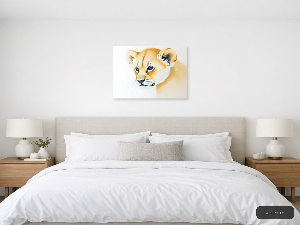 Young Lion Cub Watercolor Portrait Wall Art — A3 / Bedroom