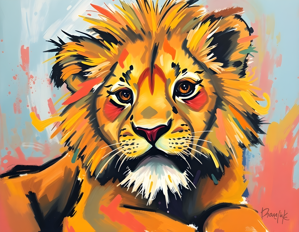 Abstract Lion Portrait - Vibrant Orange Wall Art