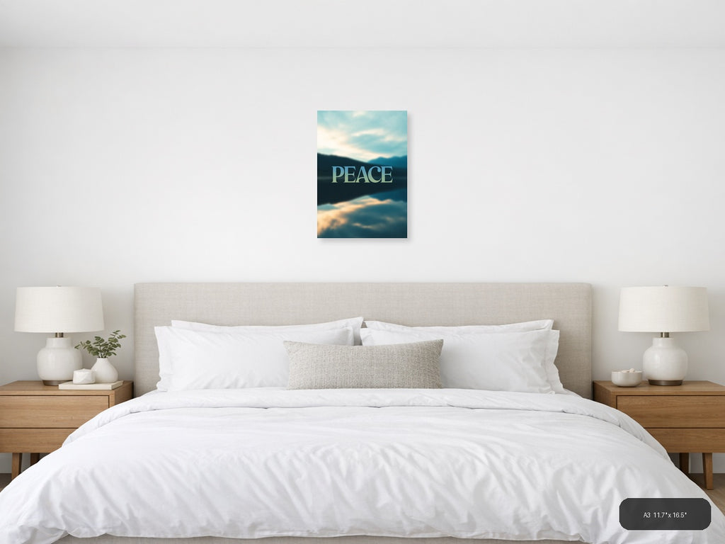 Peace Typography Mountain Lake Landscape Wall Art — A3 / Bedroom