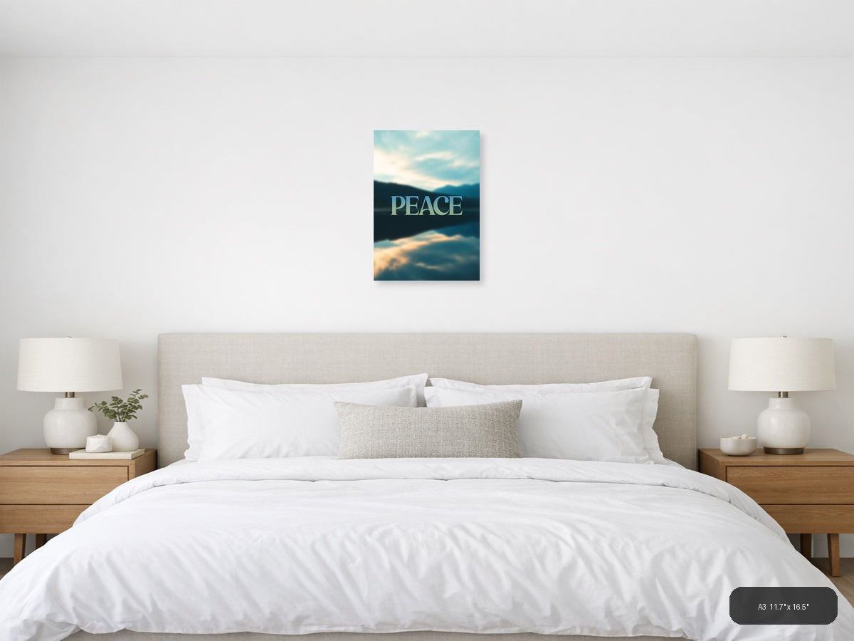 Peace Typography Mountain Lake Landscape Wall Art — A3 / Bedroom
