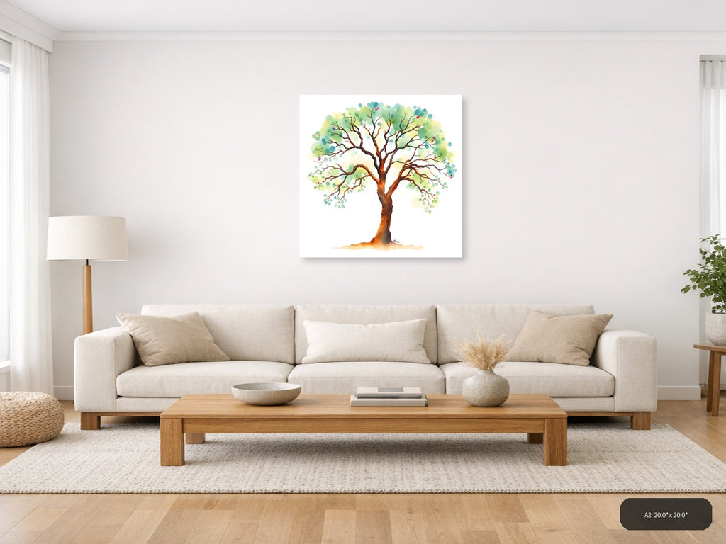 Watercolor Tree with Green Foliage Wall Art — A2 / Living Room