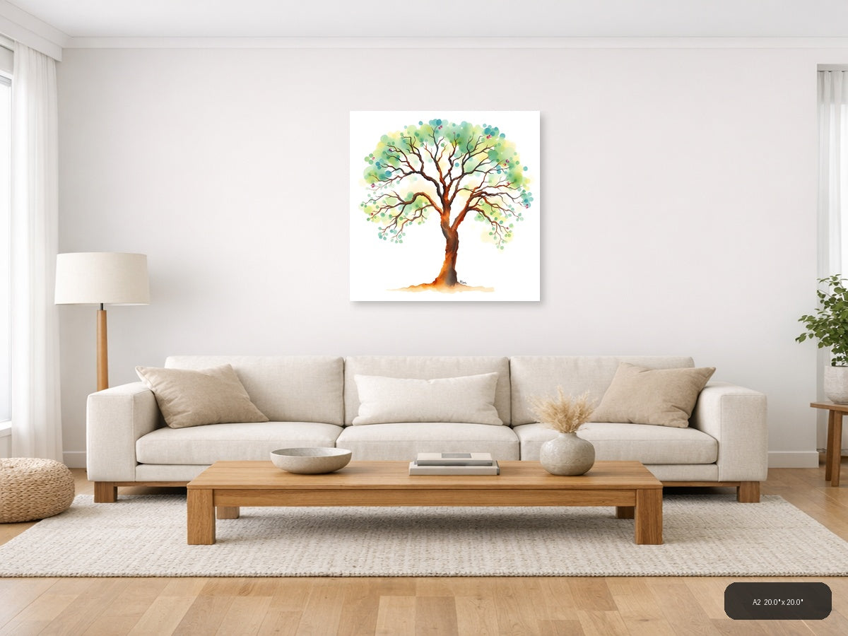 Watercolor Tree with Green Foliage Wall Art — A2 / Living Room