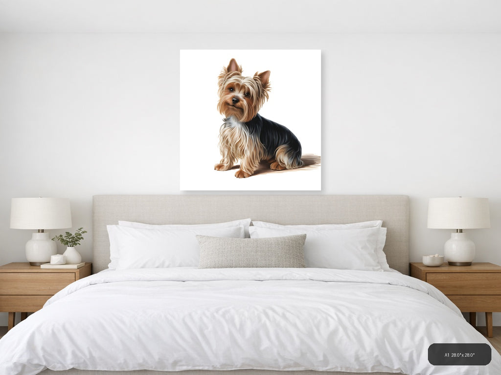 Yorkie Portrait: Tan and Black Terrier Minimalist Wall Art — A1 / Bedroom