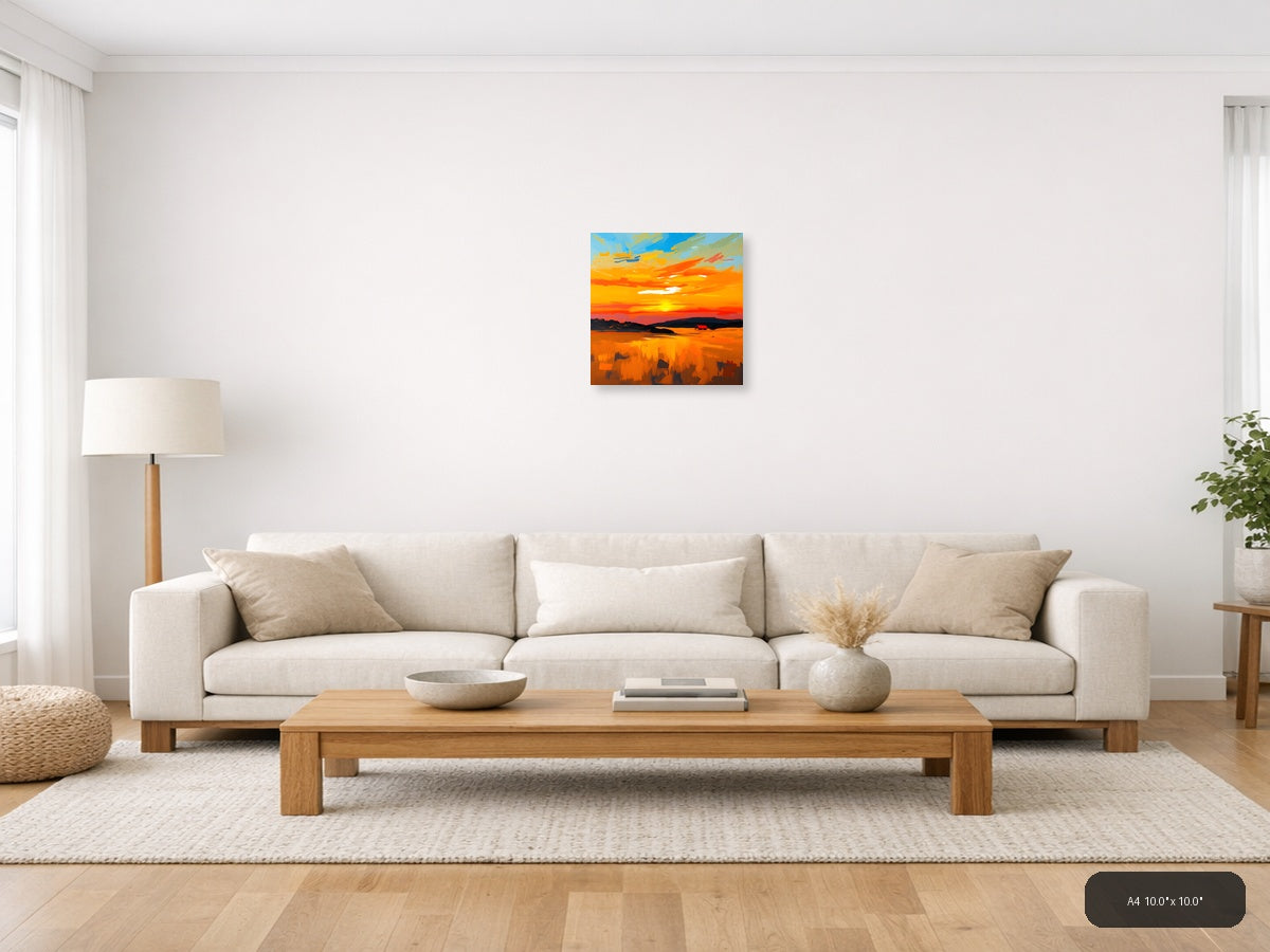 Abstract Sunset Landscape with Red Barn Wall Art — A4 / Living Room