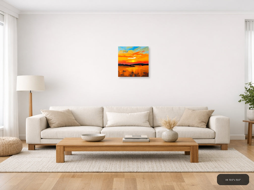 Abstract Sunset Landscape with Red Barn Wall Art — A4 / Living Room