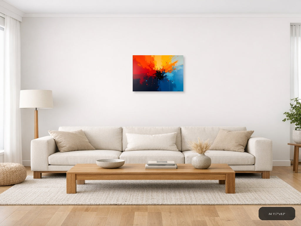 Abstract Explosion Blue Orange Red Splatter Wall Art — A4 / Living Room