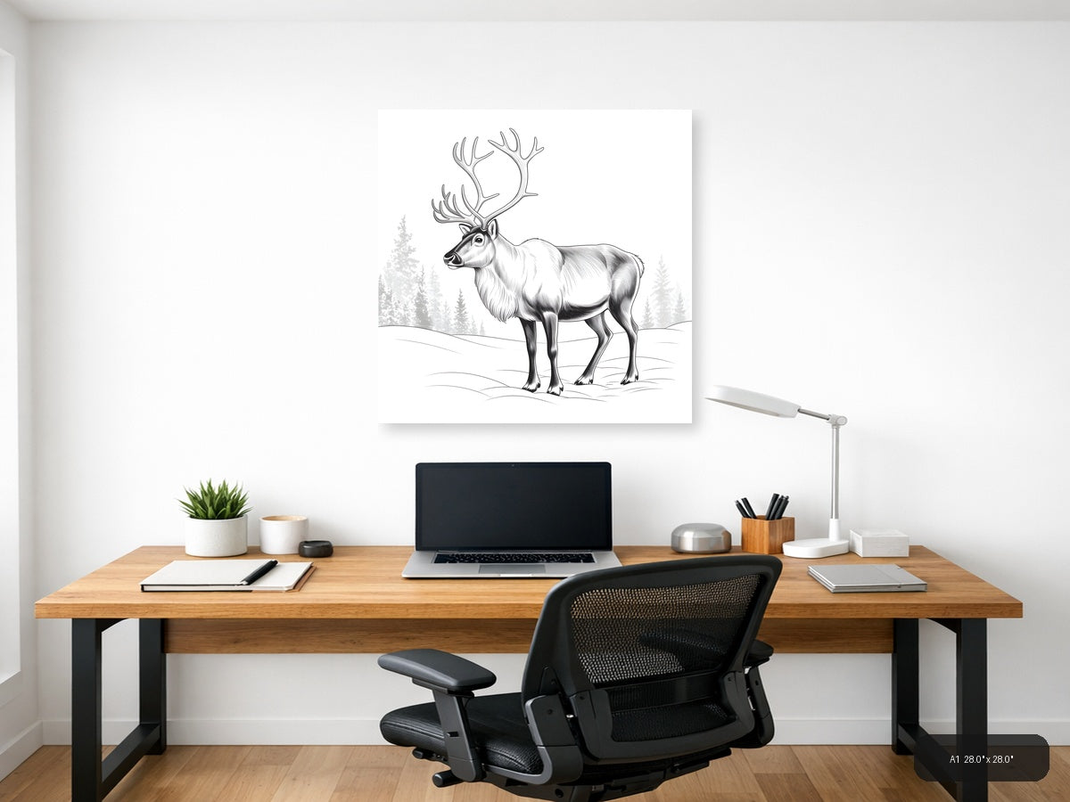 Majestic Caribou with Antlers Line Art Wall Art — A1 / Office