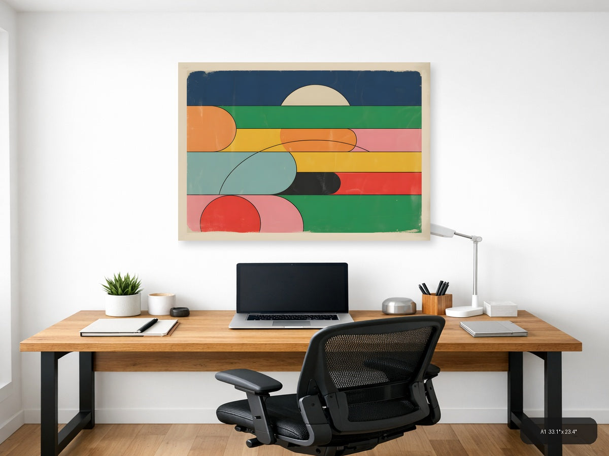 Vintage Retro Geometric Landscape Sunrise Wall Art — A1 / Office