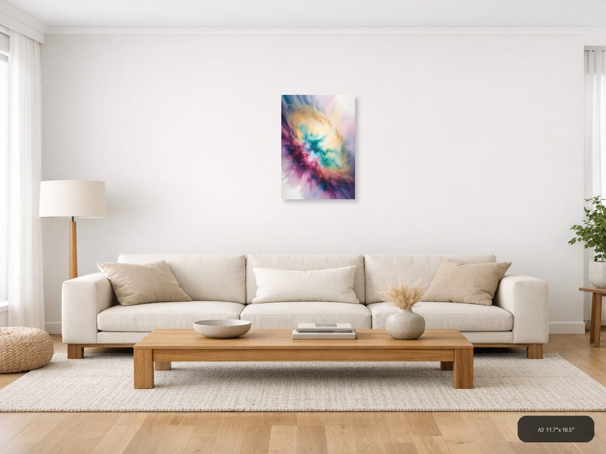 Cosmic Watercolor Nebula in Pink and Teal Wall Art — A3 / Living Room