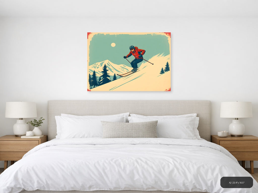 Vintage Skier on Mountain Slope Wall Art — A2 / Bedroom
