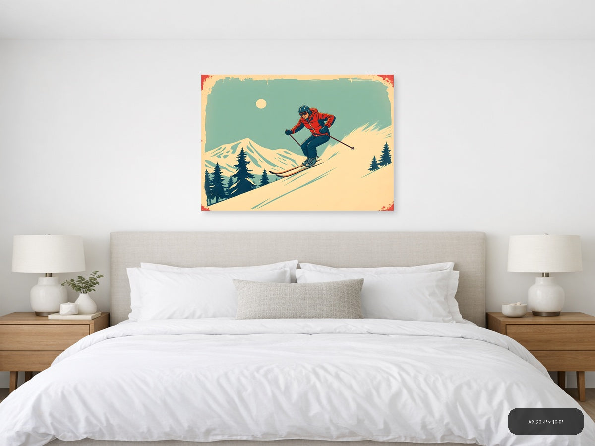 Vintage Skier on Mountain Slope Wall Art — A2 / Bedroom