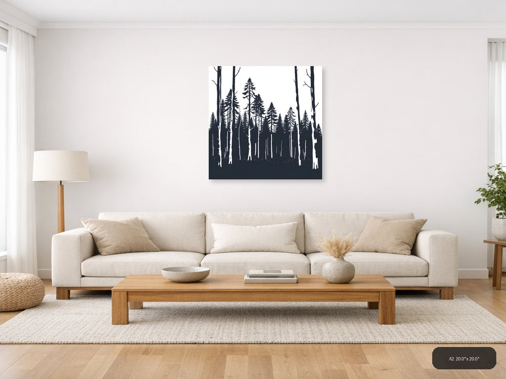 Minimalist Forest Silhouette Black and White Wall Art — A2 / Living Room