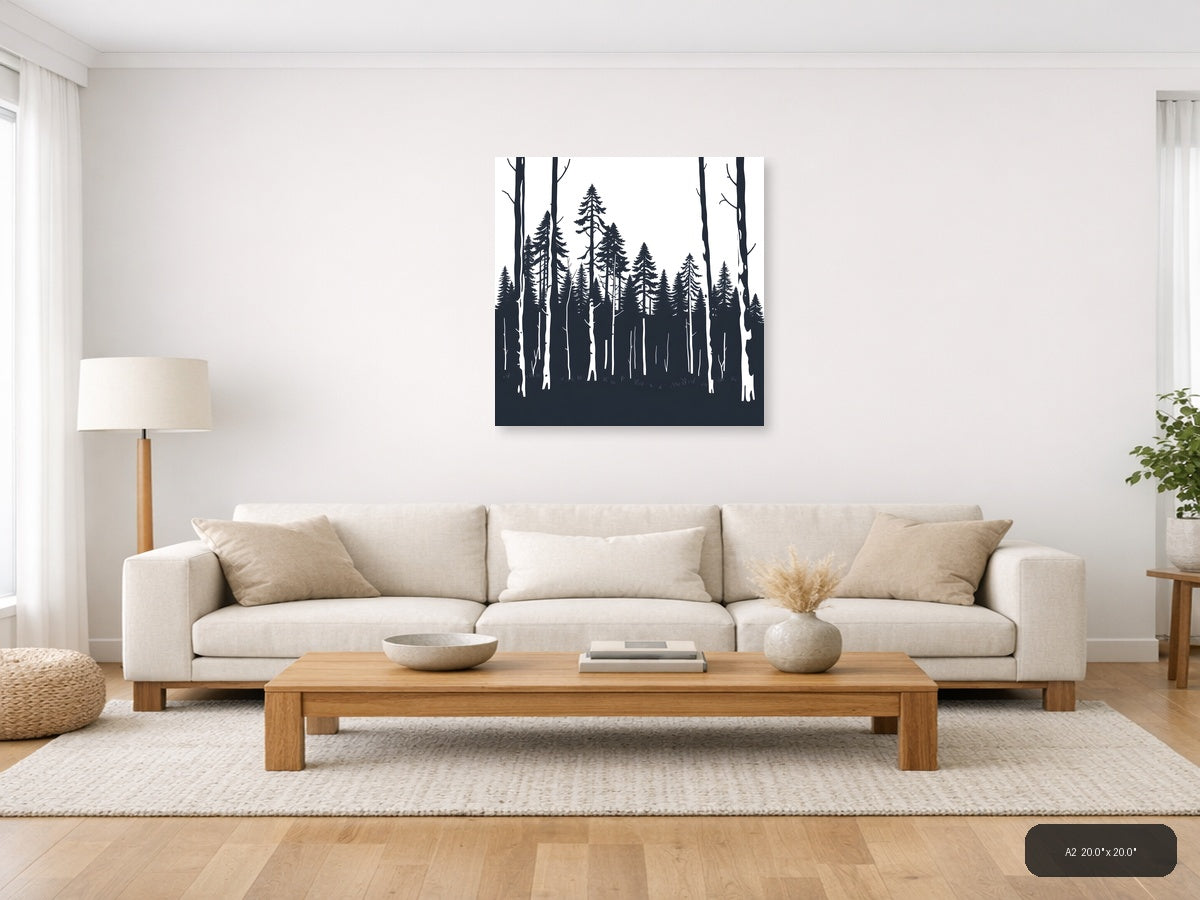 Minimalist Forest Silhouette Black and White Wall Art — A2 / Living Room