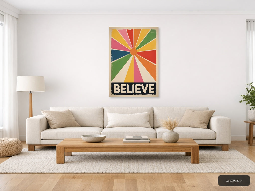 Vintage Believe Sunburst Motivational Wall Art — A1 / Living Room