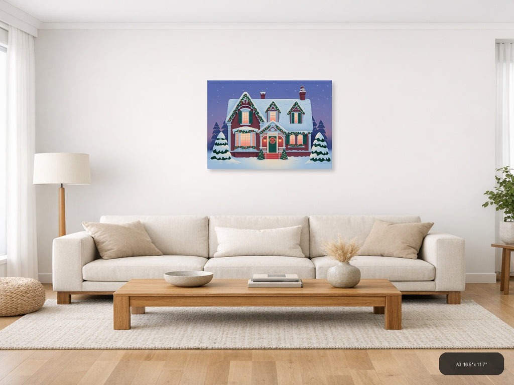Vintage Christmas House Snow Scene Landscape Wall Art — A3 / Living Room