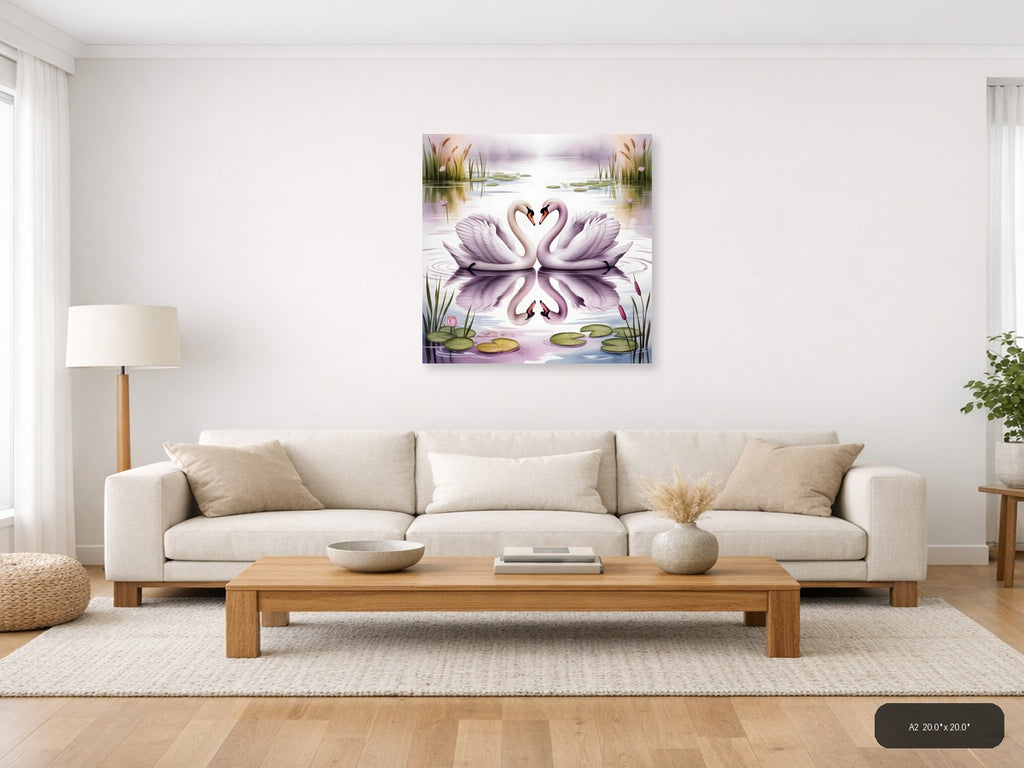 Two Swans Heart Reflection Watercolor Wall Art — A2 / Living Room