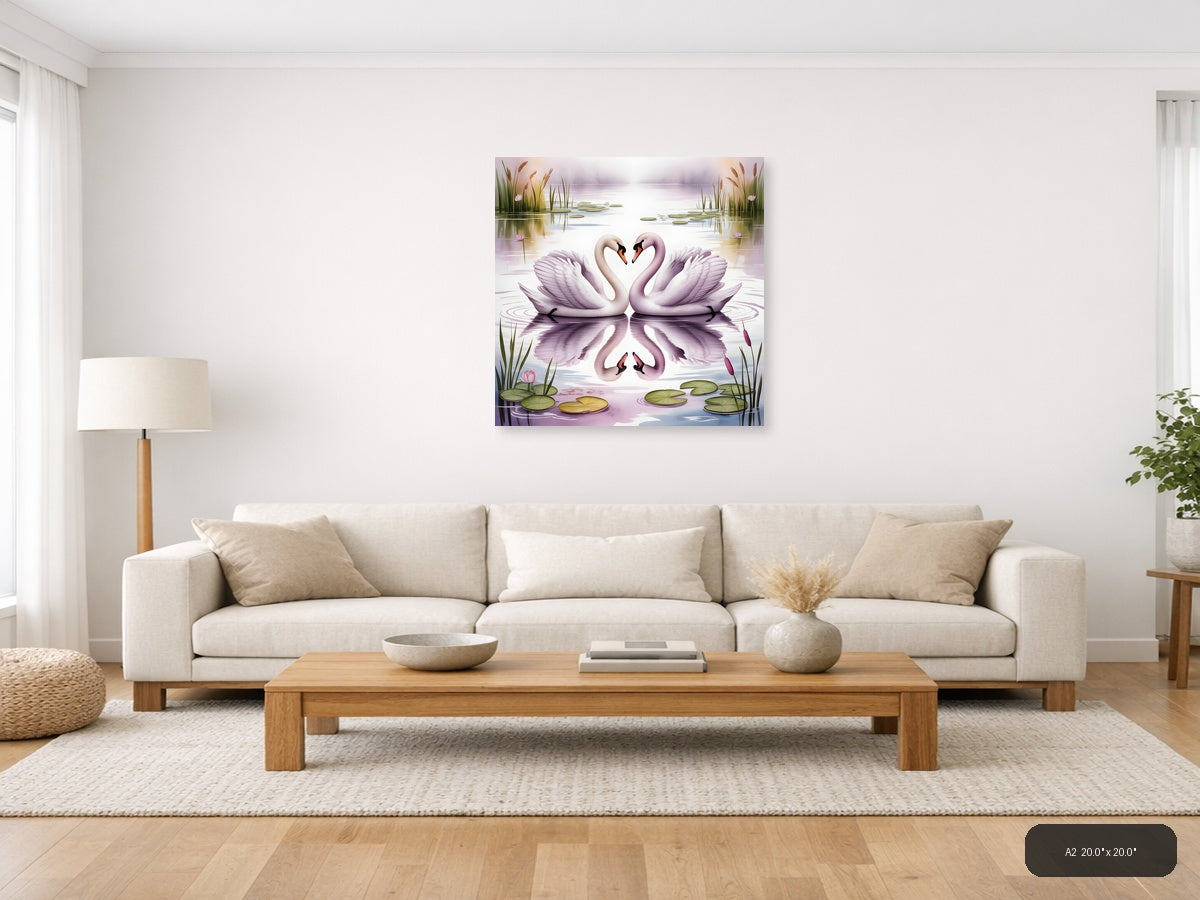 Two Swans Heart Reflection Watercolor Wall Art — A2 / Living Room
