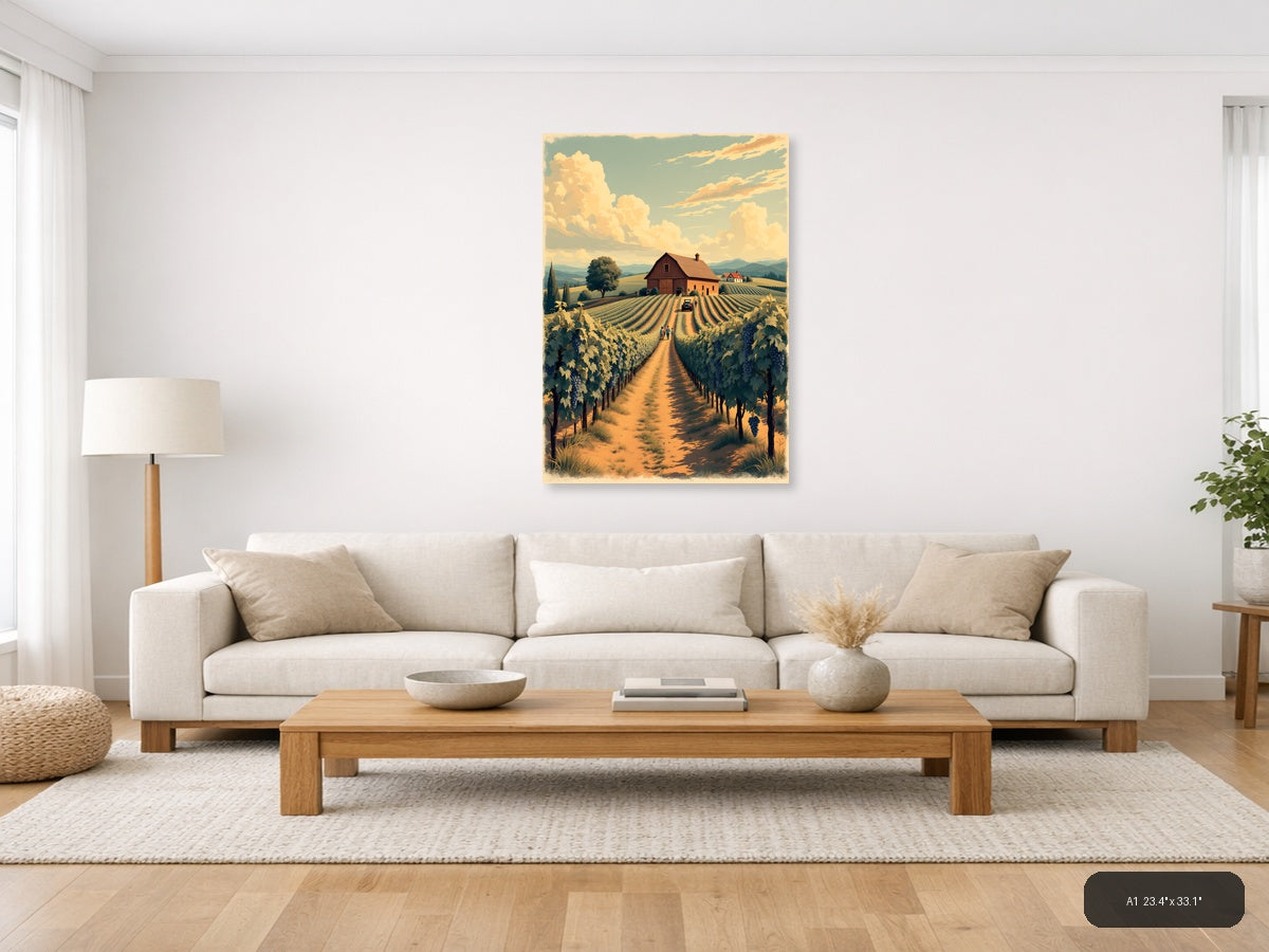 Vintage Vineyard Farm Landscape with Barn Wall Art — A1 / Living Room