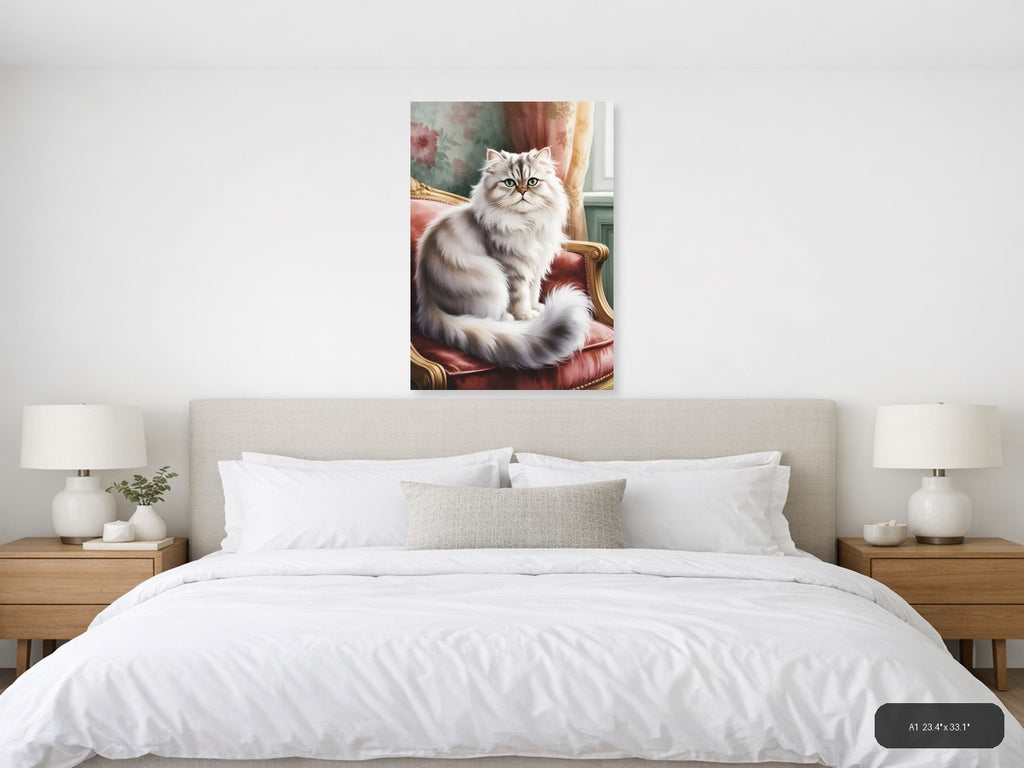 Fluffy White Cat Portrait Watercolor Wall Art — A1 / Bedroom
