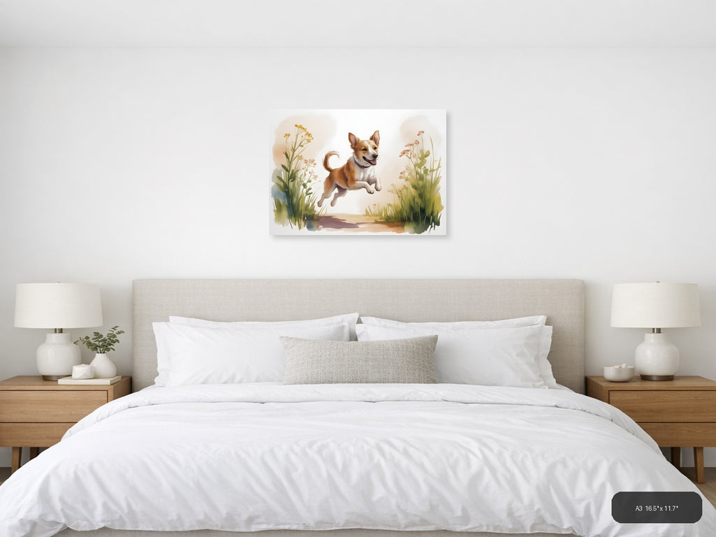Happy Dog Jumping in Wildflowers Watercolor Wall Art — A3 / Bedroom