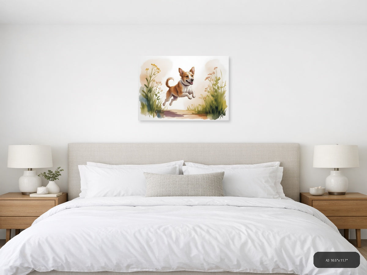 Happy Dog Jumping in Wildflowers Watercolor Wall Art — A3 / Bedroom
