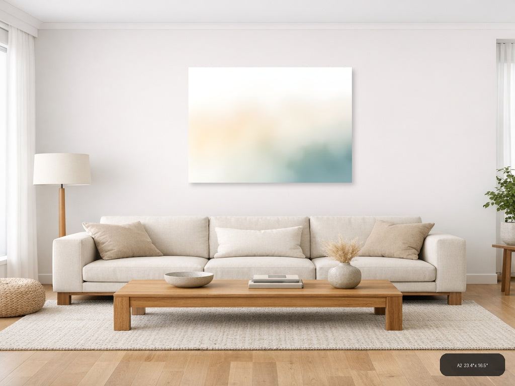 Serene Watercolor Landscape with Soft Teal & Cream Wall Art — A2 / Living Room