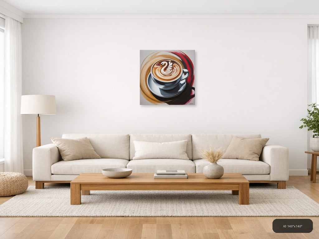 Abstract Coffee Cup Latte Art Swan Design Wall Art — A3 / Living Room