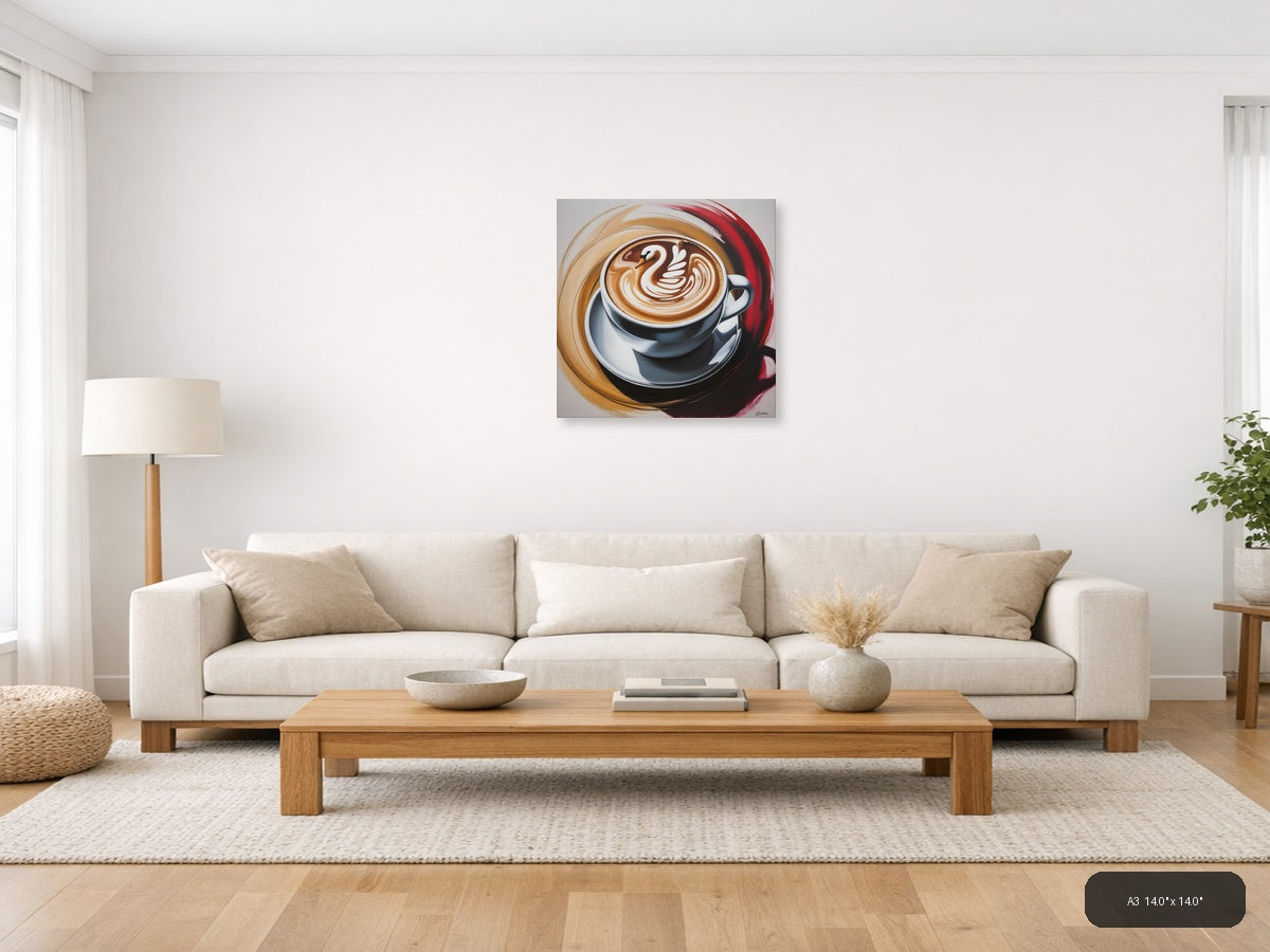Abstract Coffee Cup Latte Art Swan Design Wall Art — A3 / Living Room