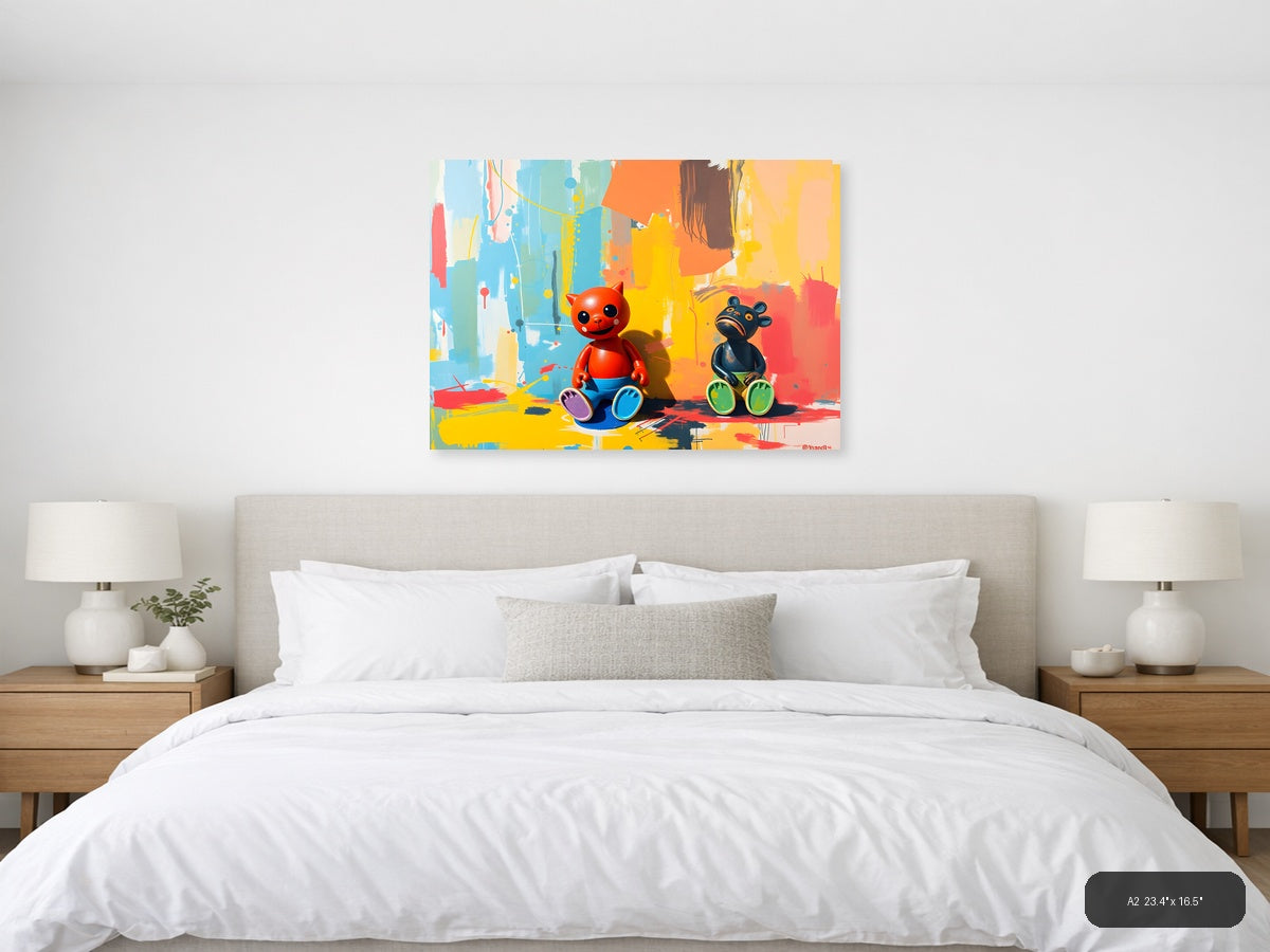 Colorful Cat & Bear Abstract Canvas Wall Art — A2 / Bedroom