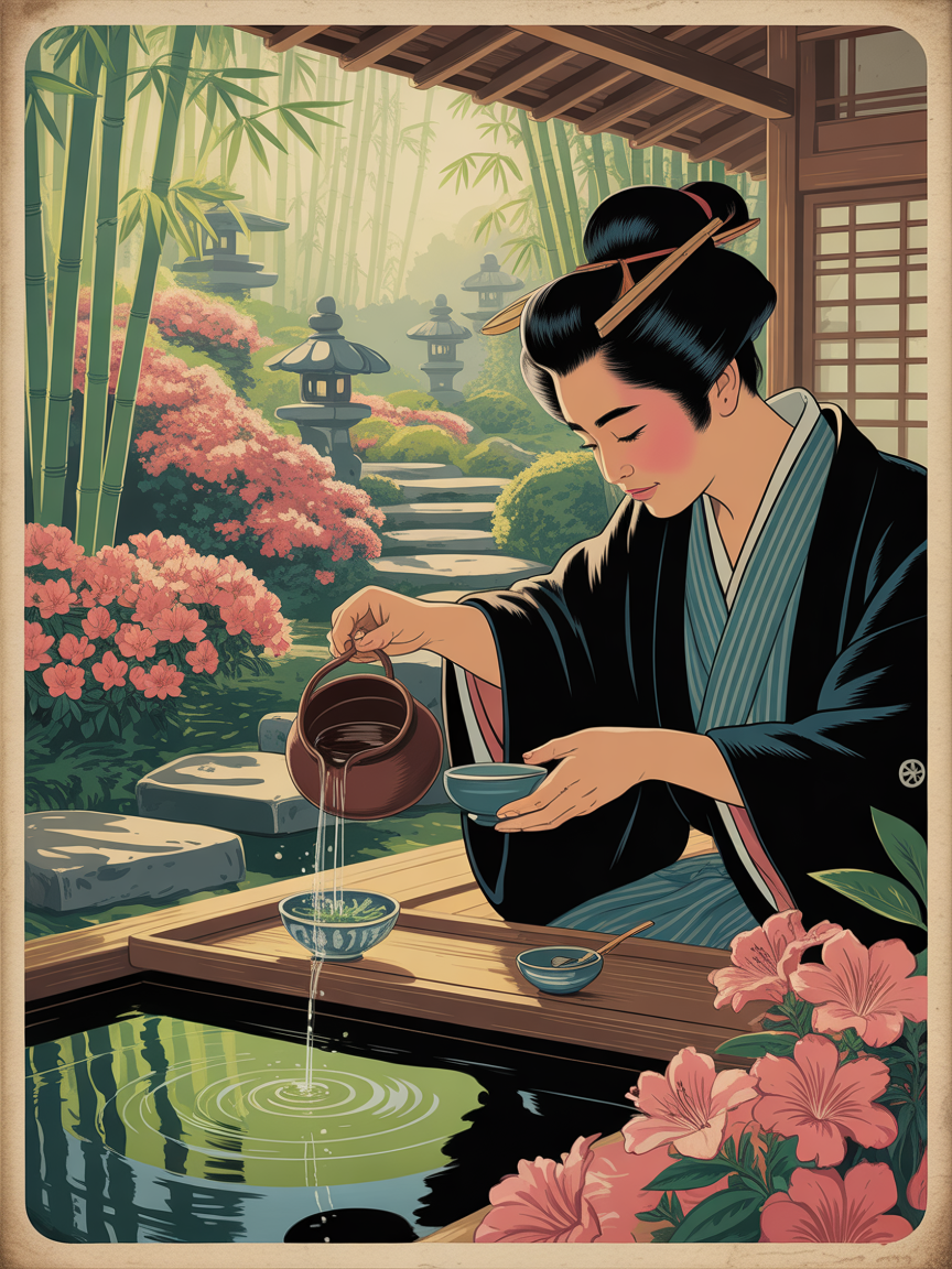 Japanese Woman Pouring Tea in Garden - Vintage Wall Art