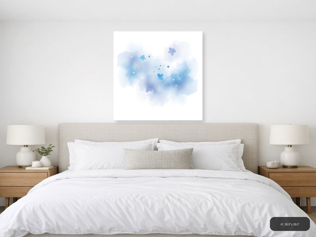 Dreamy Blue Watercolor Sky with Stars and Clouds Wall Art — A1 / Bedroom