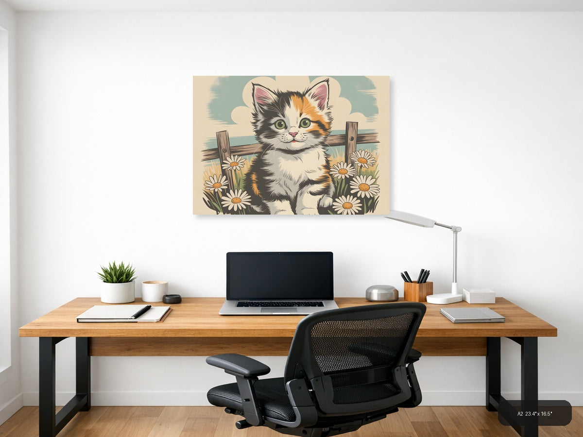 Calico Kitten with Daisies Vintage Wall Art — A2 / Office