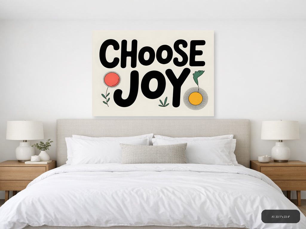 Choose Joy Line Art Print with Flowers and Sun Wall Art — A1 / Bedroom