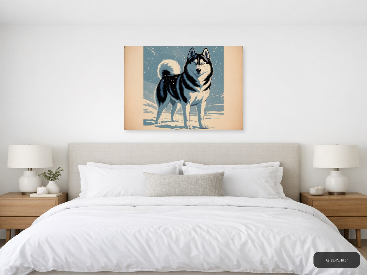 Husky in Snow - Vintage Winter Dog Wall Art — A2 / Bedroom
