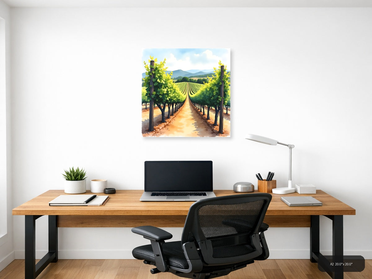 Vineyard Rows Watercolor Landscape Wall Art — A2 / Office