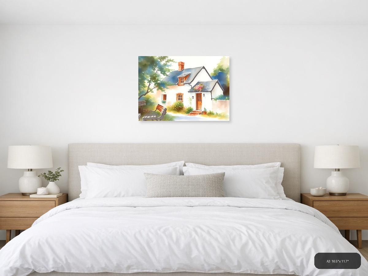 Charming Cottage Watercolor Landscape Wall Art — A3 / Bedroom