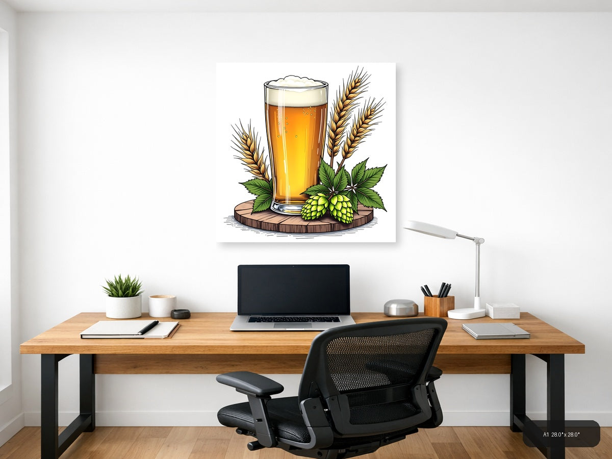 Beer Glass with Hops and Wheat Line Art Wall Art — A1 / Office