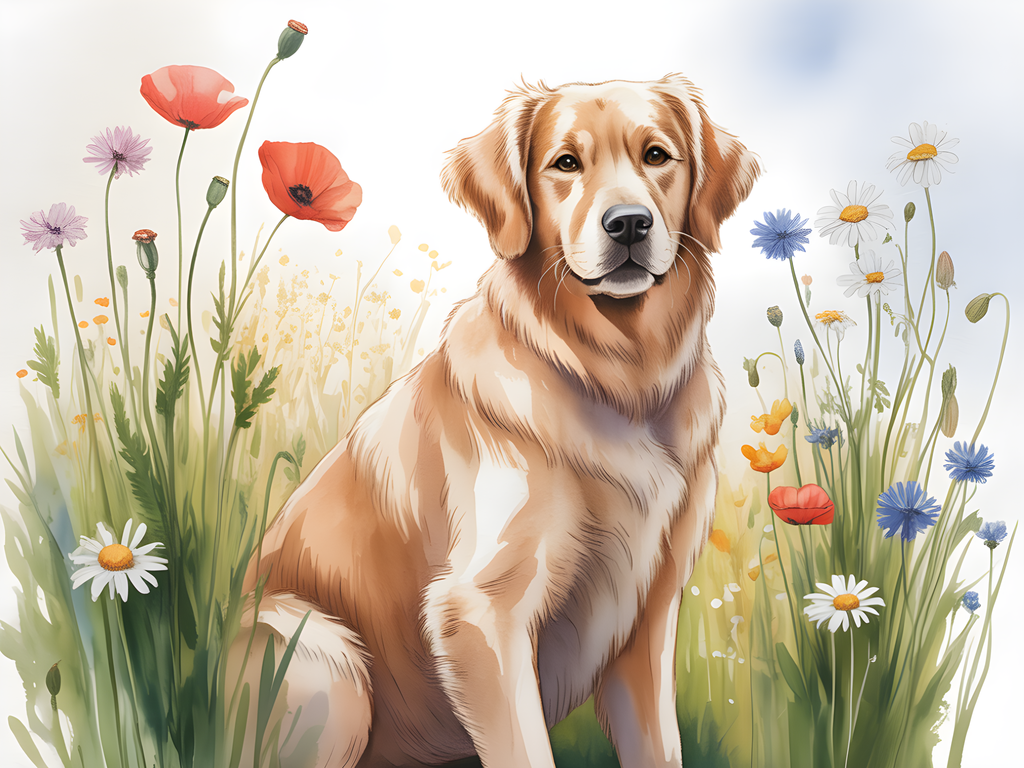 Golden Retriever in Wildflower Field Watercolor Wall Art