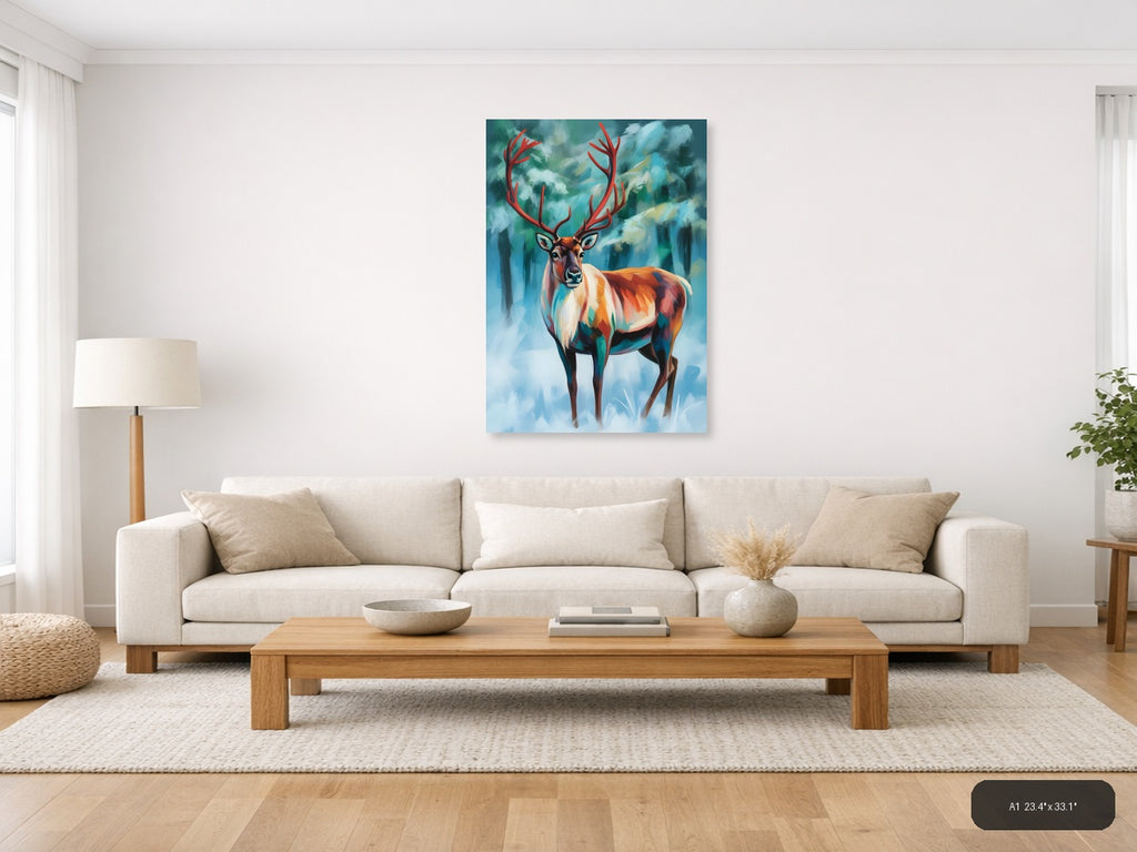 Majestic Red Deer Abstract Winter Forest Wall Art — A1 / Living Room
