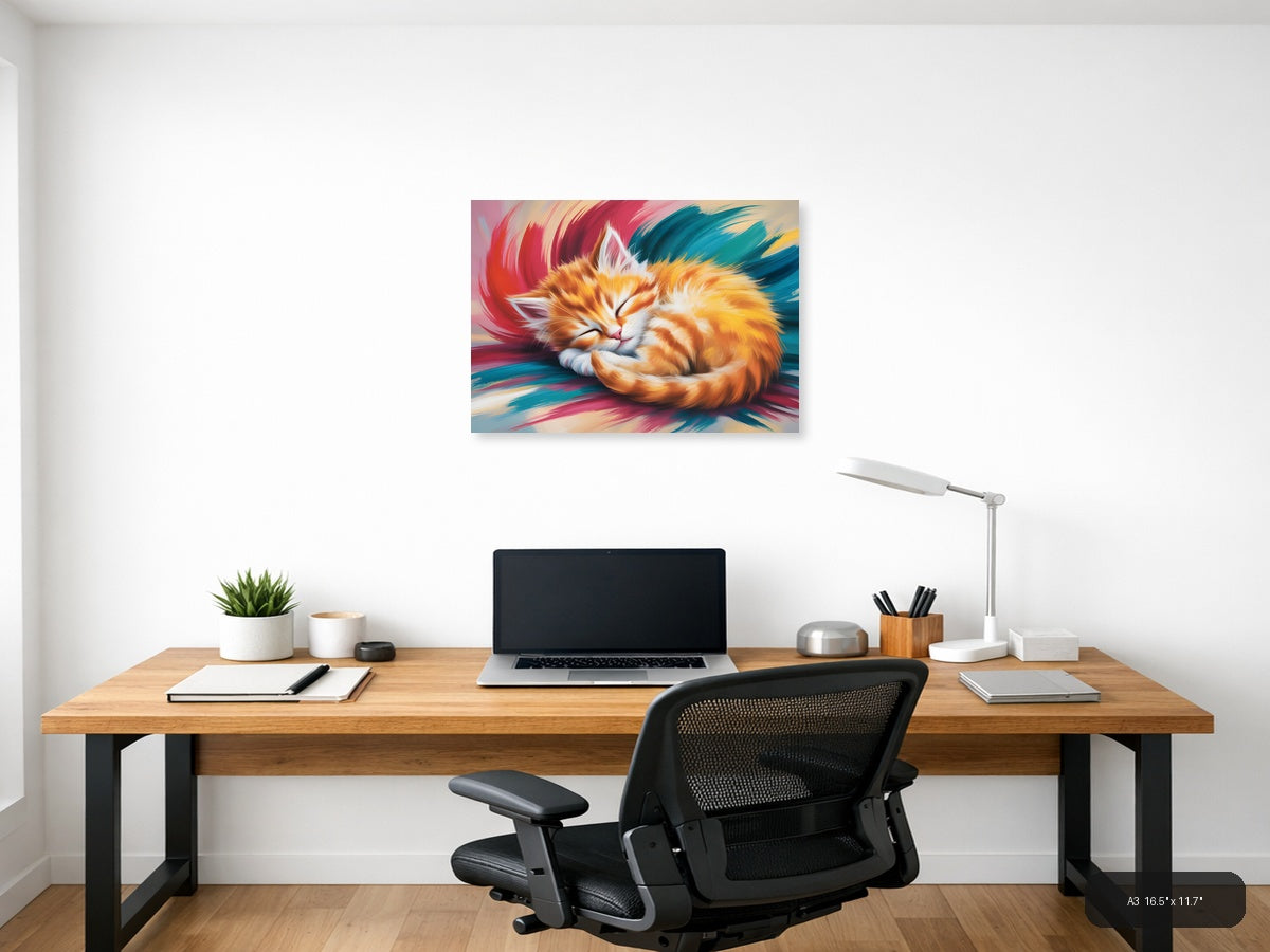 Sleeping Ginger Cat Abstract Brushstroke Wall Art — A3 / Office