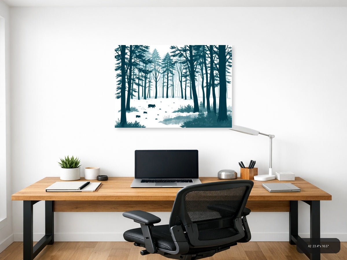 Minimalist Winter Forest with Wild Boars Wall Art — A2 / Office