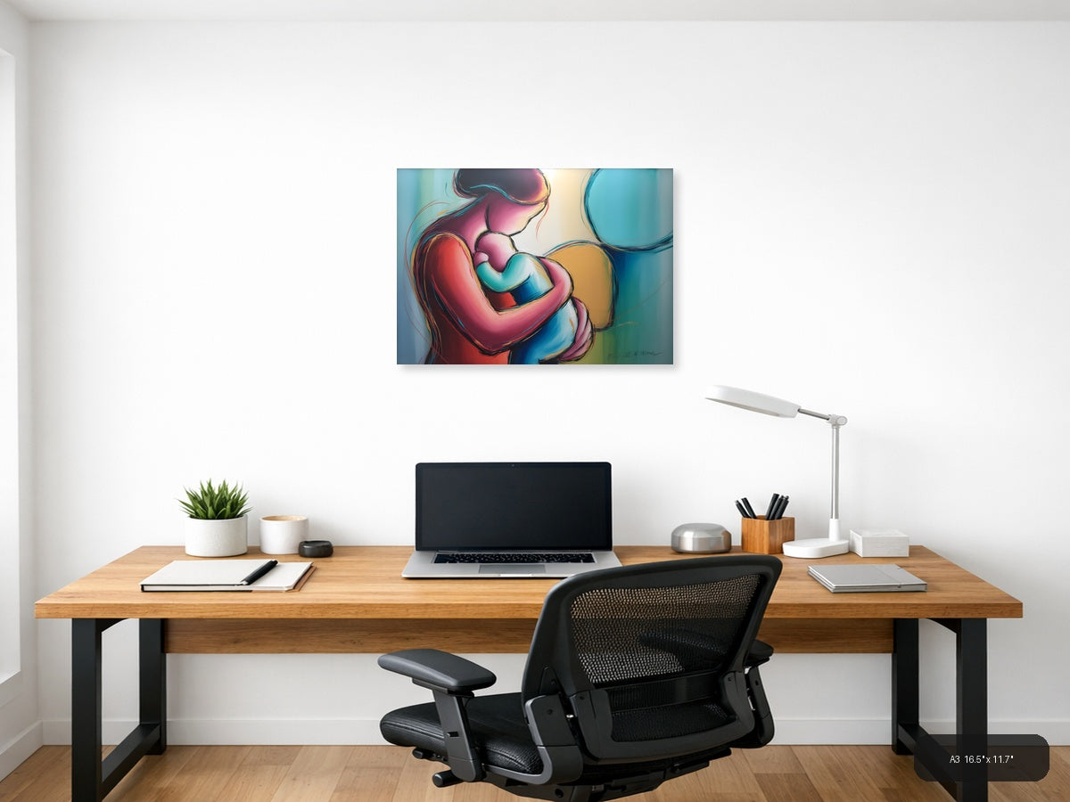 Colorful Abstract Mother and Child Embrace Wall Art — A3 / Office