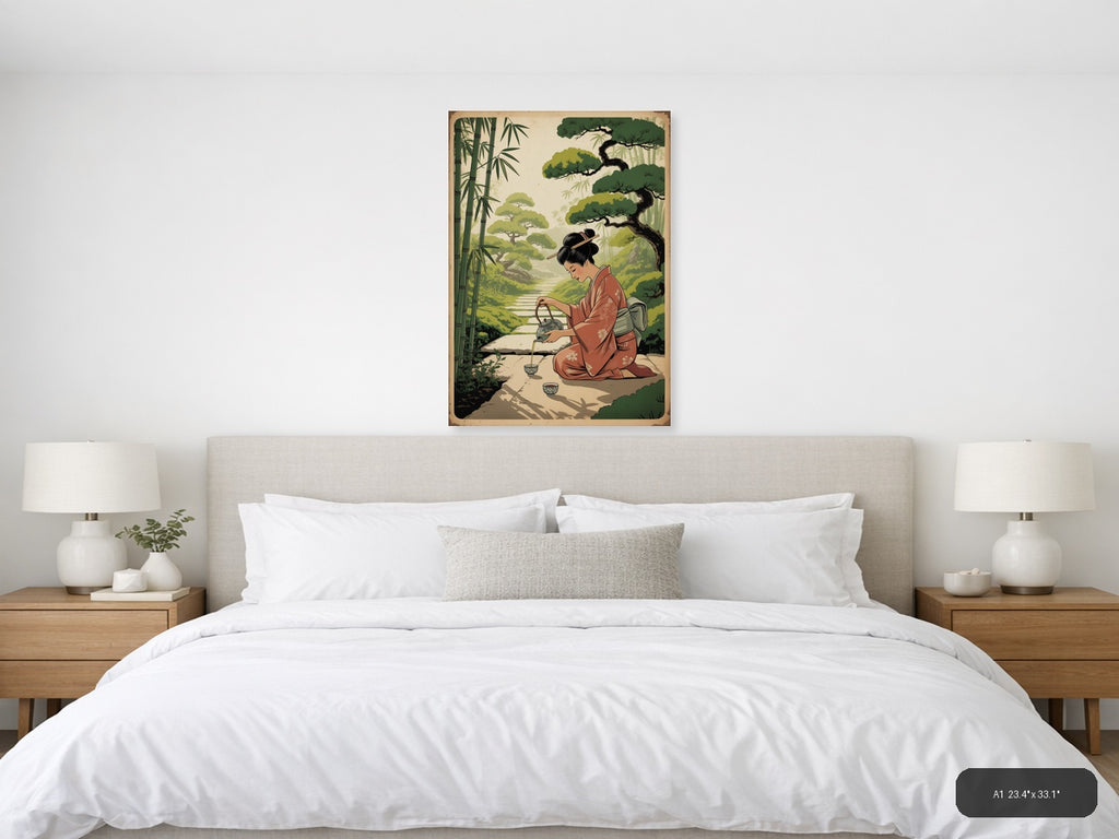 Vintage Asian Woman Pouring Tea in Garden Wall Art — A1 / Bedroom